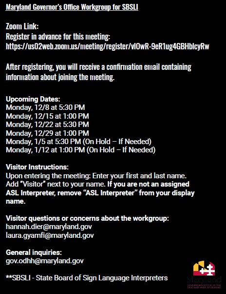 Gov Office Workgroup Meeting Dates for SBSLI